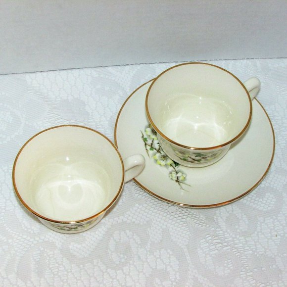 3 pc Georgian China Spring Blossom 2 Coffee Cups 1 Saucer 22 kt Gold Rim Teacups - Picture 7 of 10